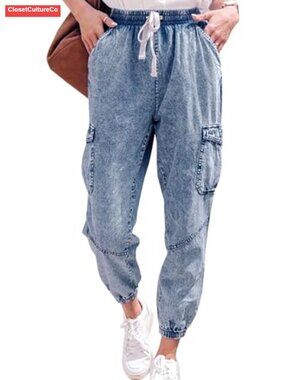 Denim Joggers Drawstring Stretch Cargo Jeans Cuffed High Rise